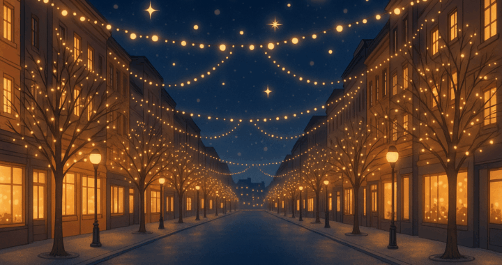 雪の降る聖夜の街並みのイラスト