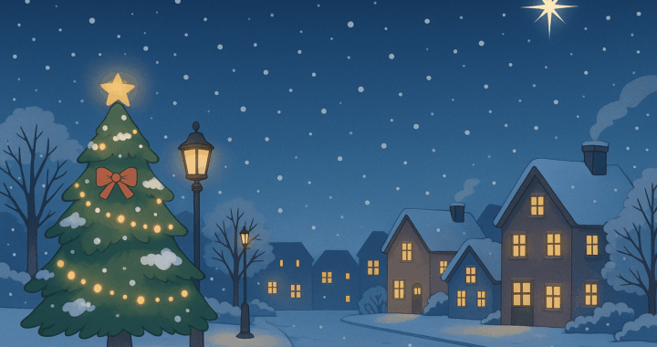 雪の降る聖夜の街並みのイラスト