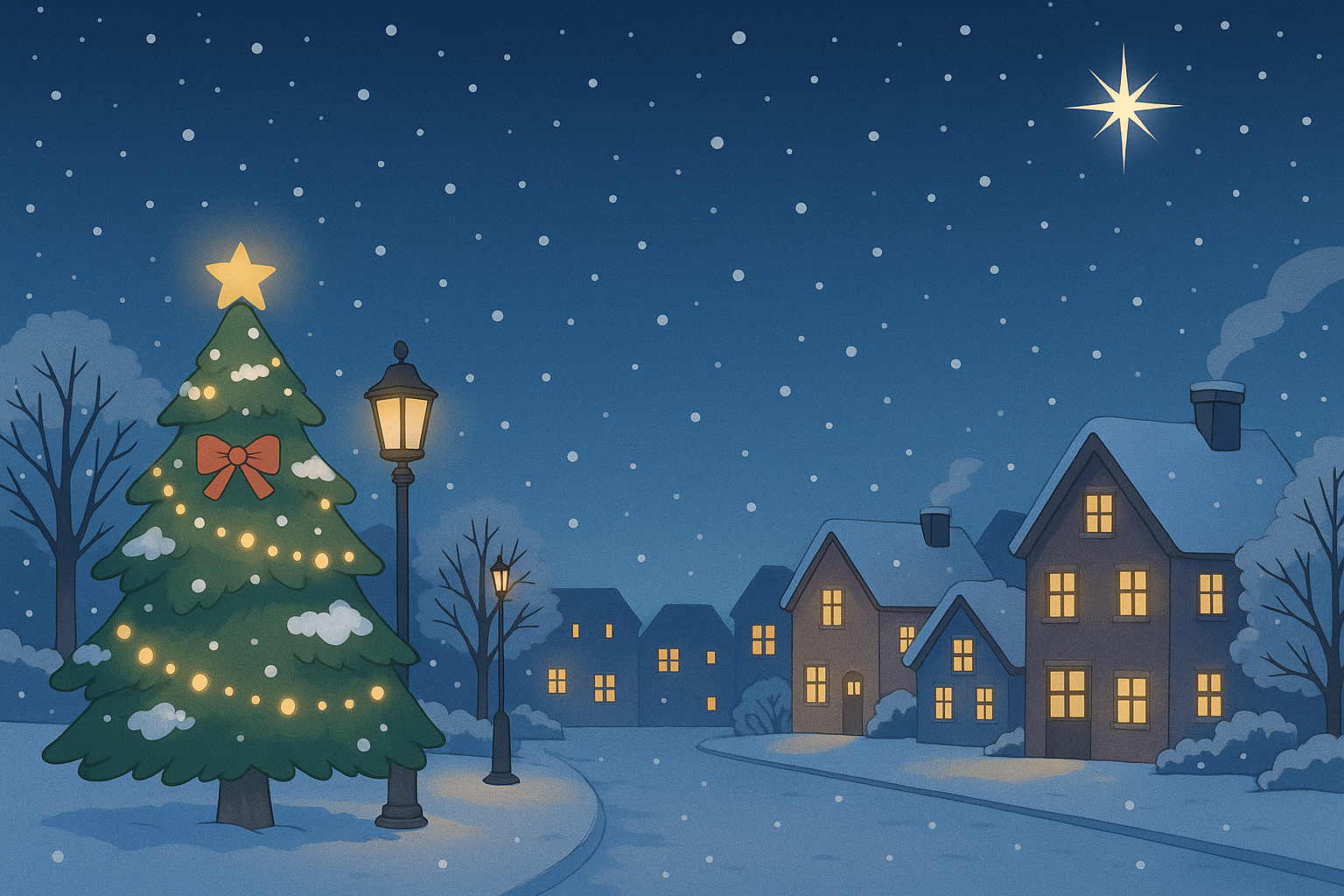 雪の降る聖夜の街並み